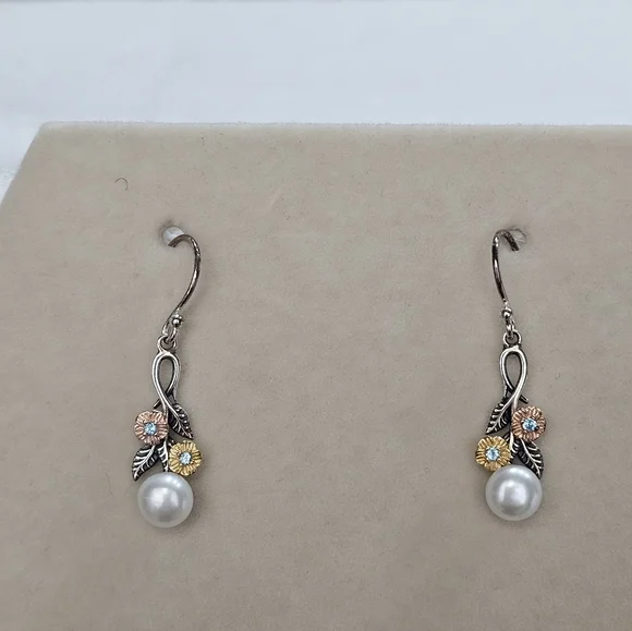 PZ Israel 925 Silver with Blue Topaz and Freshwater Pearls Drop Earrings - Picture 8 of 15